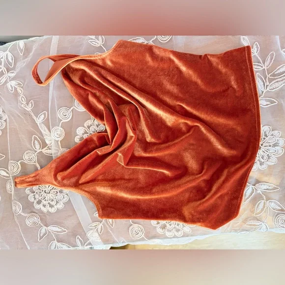 Striking Burnt Orange Velvet Cowl Neck Drape Top